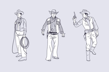 Fototapeta na wymiar Set of outline illustrations of cowboys