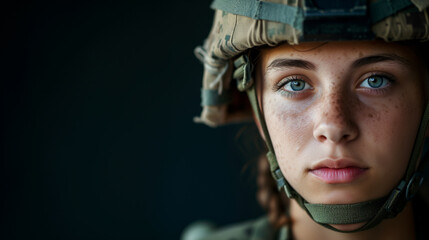 Portrait of young Female Soldier. Woman in Military uniform. 