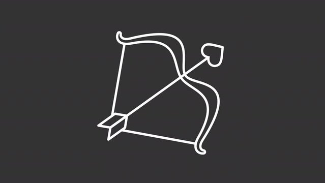 Animated cupid arrow white icon. Bow with love arrow line animation. Fall in love. Valentines day symbol. Isolated illustration on dark background. Transition alpha video. Motion graphic