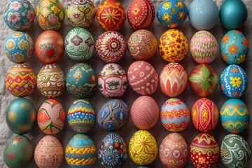 Fototapeta na wymiar Colorful Easter Eggs A Vibrant Display of Easter Traditions Generative AI