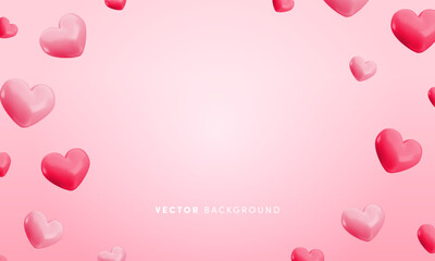 Vector cute flying pink hearts background. Glossy realistic 3d render heart balloons on soft gradient pink background with copy space. Valentines day wallpaper, cartoon 3d design for web, greeting