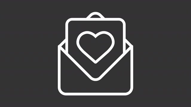 Animated love letter white icon. Sending declaration of love line animation. Valentines day card. Love message. Isolated illustration on dark background. Transition alpha video. Motion graphic