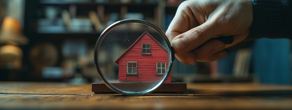 Person Examines Red Model House With Magnifying Glass Exploring Details And Features Closely, Property Exterior Inspection Image