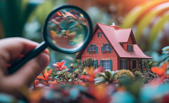 Person using magnifying glass examines house model closely, property exterior inspection image