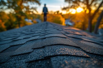 Plumber inspecting asphalt shingles pipe roofer checking roof for maintenance, roof inspection image - obrazy, fototapety, plakaty