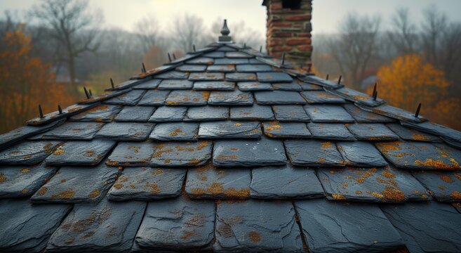 Roof with shingles and nails for sturdy construction protecting homes from weather, roof inspection image