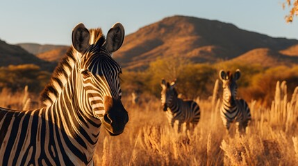 Portrait of a zebra in the savannah landscape. - obrazy, fototapety, plakaty
