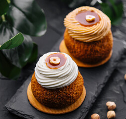 chocolate shu cake on stone board