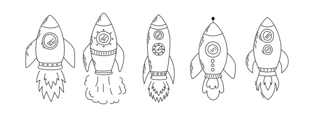 Hand drawn rocket ship doodle icon on white background