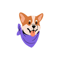 Cute Welsh Corgi avatar. Funny muzzle of toy breed puppy. Lovely dog face shows tongue. Amusing pup snout portrait. Happy pet companion smile. Flat isolated vector illustration on white background