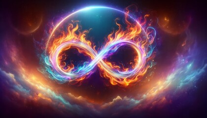 A digital representation of an infinity symbol ablaze with fiery colors set against a backdrop resembling outer space.  - obrazy, fototapety, plakaty