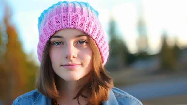 A transgender teen wearing a beanie with the pink, blue, and white pride flag stitched on. Their eyes are full of hope and resolve, ready to take on the reins of advocacy and strive for
