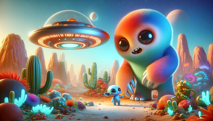 Friendly Encounter on the Colorful Monster Planet: A Small Alien and a Gentle Monster Explore Together