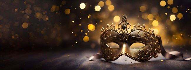 Gold mask with crown on bokeh background.