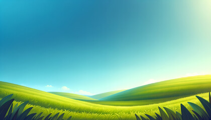 Storybook hill and meadow panorama for a delightful children's book illustration.
Generative AI.