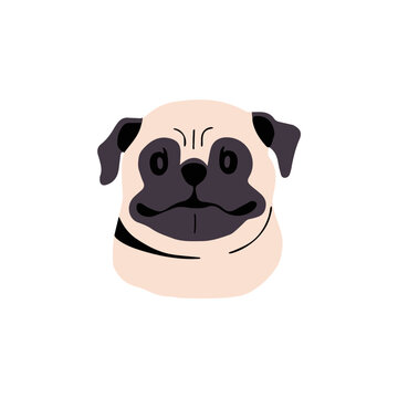 Funny Pug avatar. Cute doggy muzzle with facial wrinkles. Amusing toy breed, lap dog portrait. Purebred puppy face. Adorable canine pet snout. Flat isolated vector illustration on white background