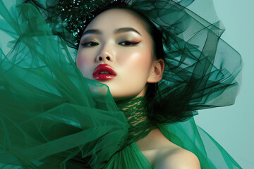 asian woman wearing green high fashion clothing