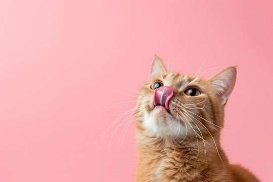 cat sticking out tongue isolated on pink background