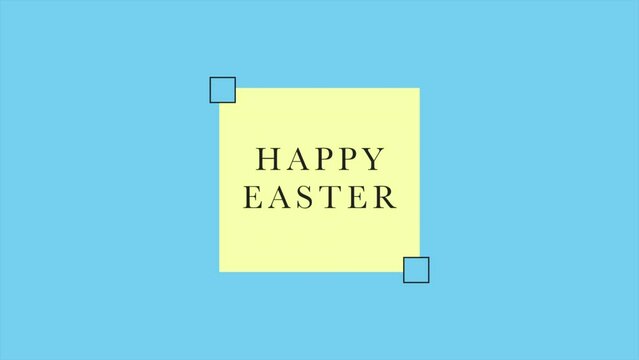 A festive image showcasing a blue background with a yellow square at the center. Inside the square, happy easter is written in yellow against a white border