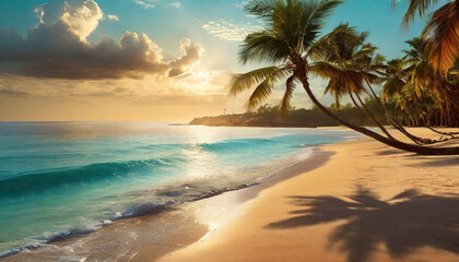Tropical beach with palm trees, golden sunset, and serene ocean waves, creating a beautiful paradise vacation scene