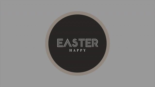 A black and white circle with Happy Easter written in white font on a black background. Surrounded by a gray border. Simple and elegant design