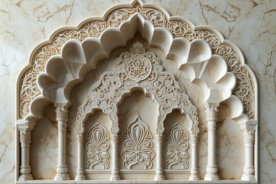 islamic prayer niche art with turkish ornament on cream marble