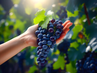 A hand with black grapes. Good grape harvest.