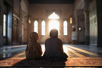 silouet of two childern praying in the mosque. Generative art. Generative ai. AI generated.