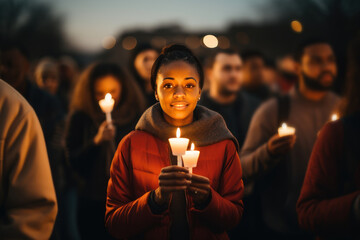 Evening vigil with people holding candles outdoors - obrazy, fototapety, plakaty