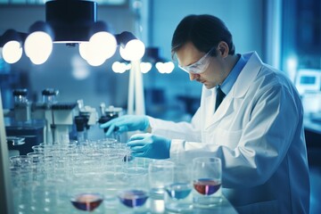 Man in lab analyzing chemical reactions in dishes