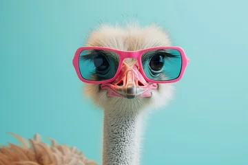 Deurstickers portrait of an ostrich in sunglasses isolated on blue background © Marina Shvedak