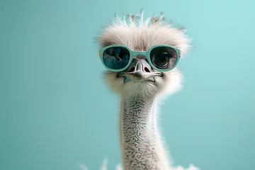 Schilderijen op glas portrait of an ostrich in sunglasses isolated on blue background © Marina Shvedak