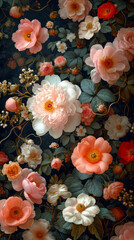 Obraz na płótnie Canvas Lush Floral Arrangement with Vibrant Camellias - Ideal for Romantic Wallpapers and Elegant Fabric Designs