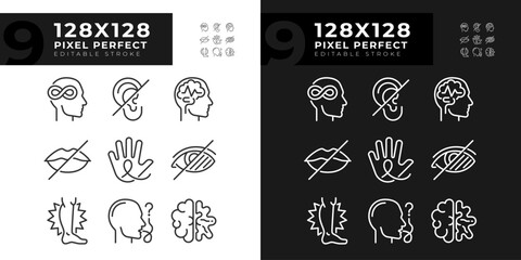 People with perception disorders linear icons set for dark, light mode. Cognitive development, brain damage. Thin line symbols for night, day theme. Isolated illustrations. Editable stroke - obrazy, fototapety, plakaty