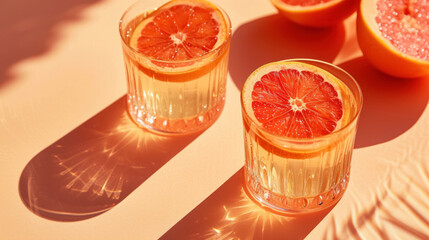 Two glass textured glasses of refreshing drink with slices of fresh grapefruit on a bright peach...