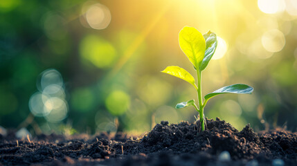 Young Plant Sprouting with Sun Flare - Growth Concept - obrazy, fototapety, plakaty