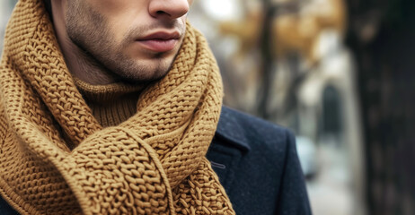 A man in an exquisite beige cashmere scarf in the style of a glamorous fashion magazine, close-up. The concept of the trend is quiet luxury
