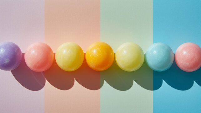 bubble gum balls creating a rainbow on a pastel background with a minimalistic composition