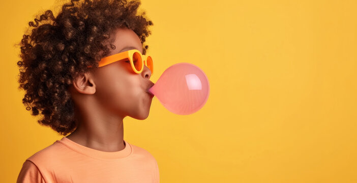 A dark-skinned boy in bright orange sunglasses and a T-shirt on a yellow background blows out a large bubble of bright pink chewing gum
