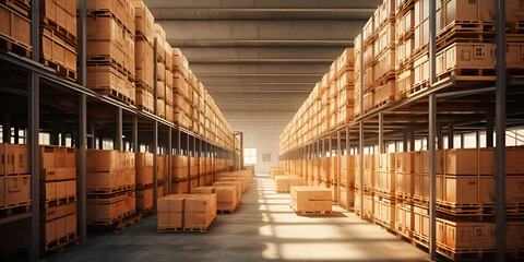 Retail warehouse full of goods ,Warehouse with pallets filled with cardboard boxes.