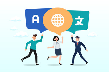 Young adult people talking with foreign international language symbol, language learning, translation or international communication, global or multilingual education, foreign diversity (Vector)