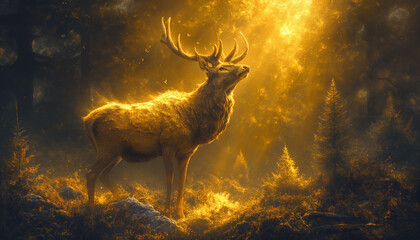 Divine Golden Stag in the Enchanted Forest