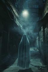 Mysterious Ghostly Figure in Urban Alley - Creepy Night Scene for Horror and Suspense