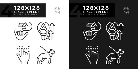 Accessibility for sensory disabilities linear icons set for dark, light mode. Deafness support service. Thin line symbols for night, day theme. Isolated illustrations. Editable stroke