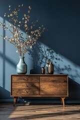 Chest of drawers in the living room interior, dark blue. Vertical orientation.