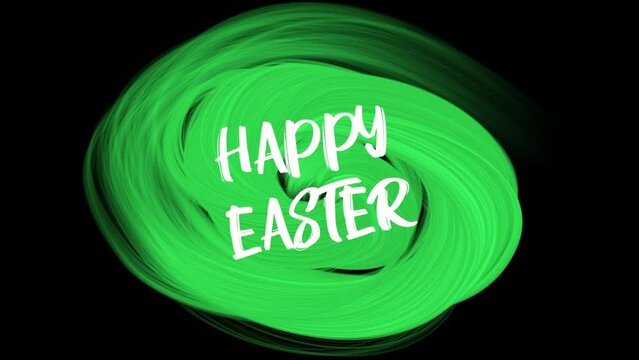 A playful and festive Easter greeting depicted through a green paintbrush-like swirl on a black background, adorned with the words happy easter in a fun and handwritten style