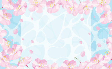 Fototapeta na wymiar 背景やタイトルに使えるシンプルな満開の桜の花びらのコピースペースのある水面・波紋の春フレーム