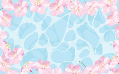 背景やタイトルに使えるシンプルな満開の桜の花びらのコピースペースのある水面・波紋の春フレーム
