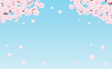 背景やタイトル・見出しに使えるシンプルな桜の木や枝・満開の桜吹雪を描いた青空の春フレーム素材