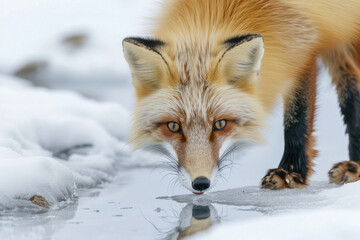 A captivating moment of a fox by the icy fishing hole, skillfully hunting for fish